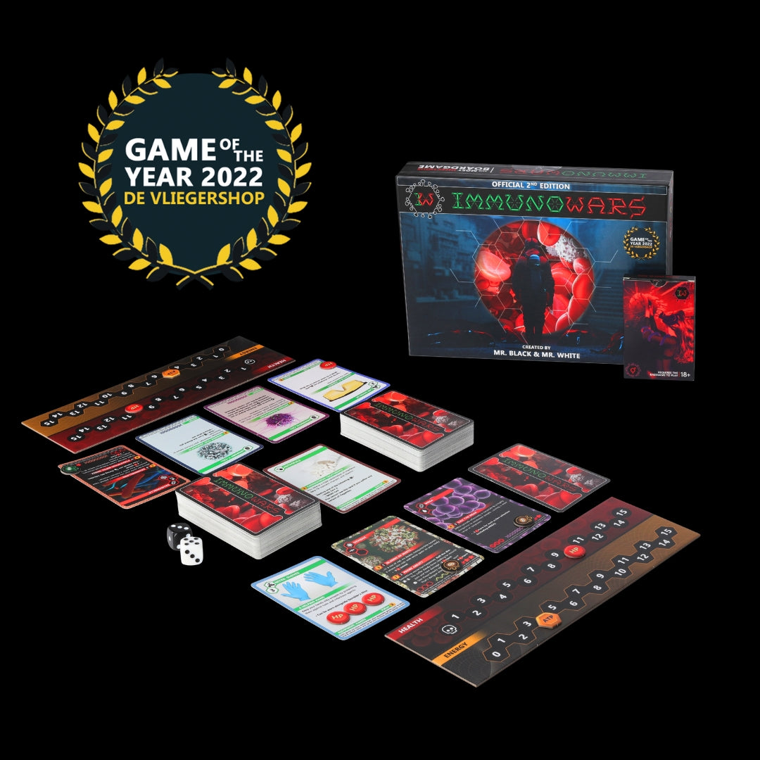 ImmunoWars Board Game of the Year Cards, Playing boards, Tokens, Rule Cards on table, unboxing